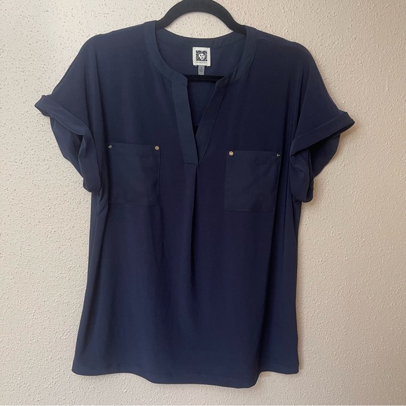 Anne Klein Navy Blouse with pocket detail - Picture 1 of 5
